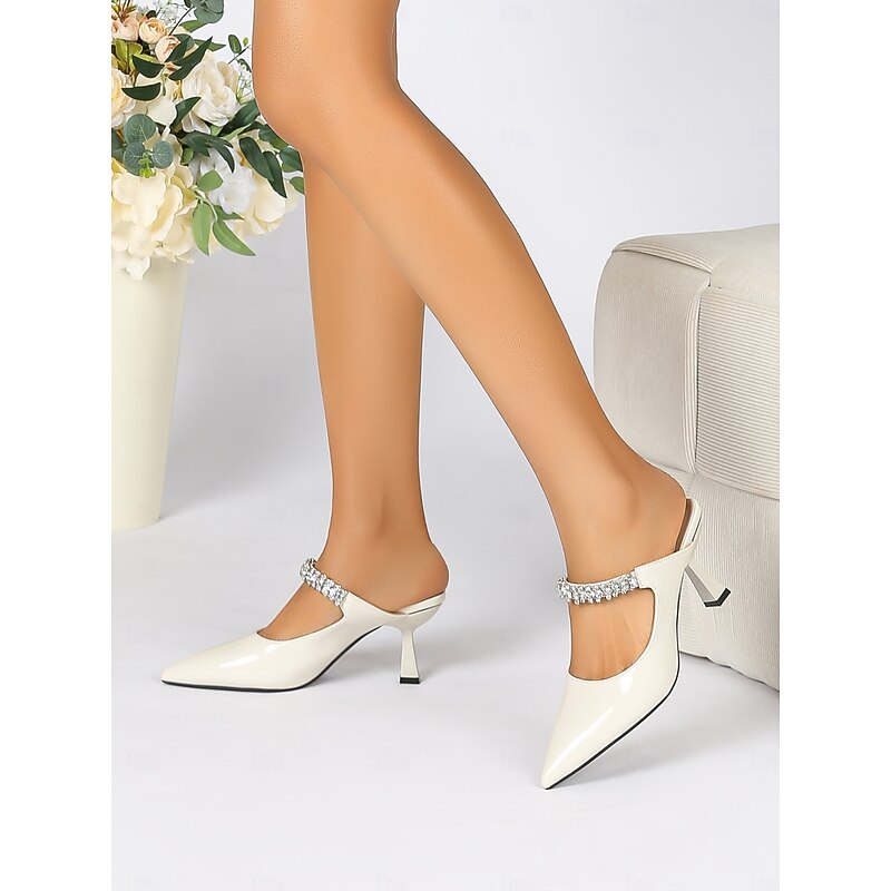 Women's Rhinestone Embellished Pointed-Toe Slip-On Heeled Mules – Elegant Party and Formal Shoes for Evening Events and Weddings3
