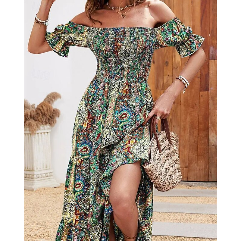 Women's Long Dress Maxi Dress A Line Dress Summer Dress Boho Dress Elegant Bohemia Stylish Vacation Daily Date Regular Fit Graphic Short Sleeve Off Shoulder Green Dark Blue Summer