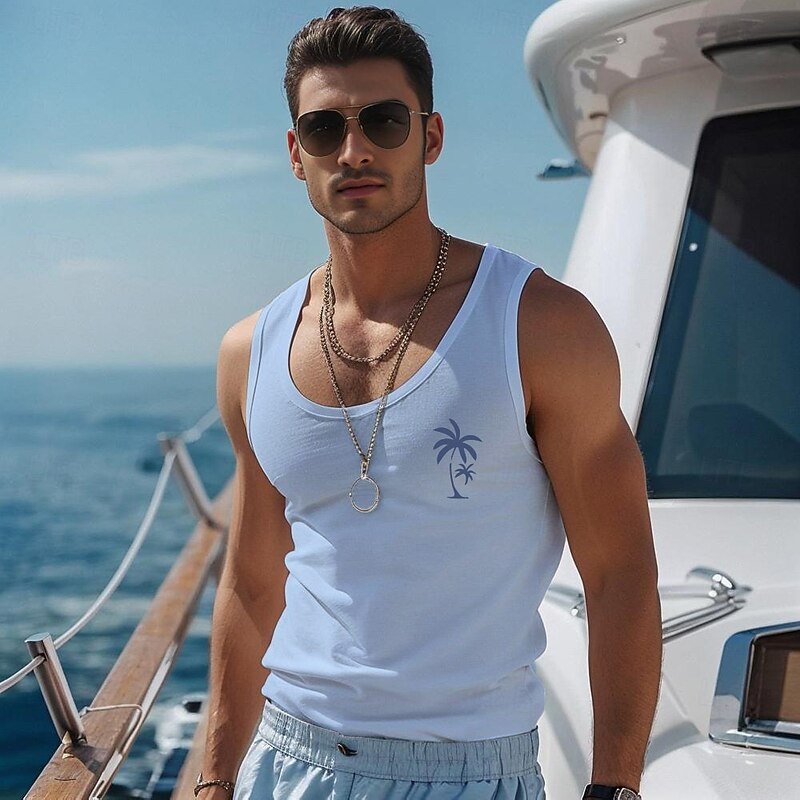 Men's Coconut Palm T Shirt Vest Top Sleeveless T shirt 3D Print Crew Neck Shirt Vacation Casual Hawaiian Holiday Light Blue Black White Summer Spring Clothing Apparel S M L XL XXL XXXL4