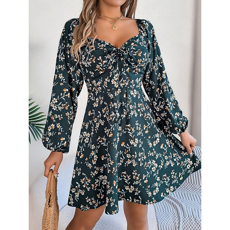 Women's Mini Dress Casual Dress A Line Dress Stylish Casual Vacation Daily Regular Fit Floral Long Sleeve Square Neck Dark Green Spring Fall4