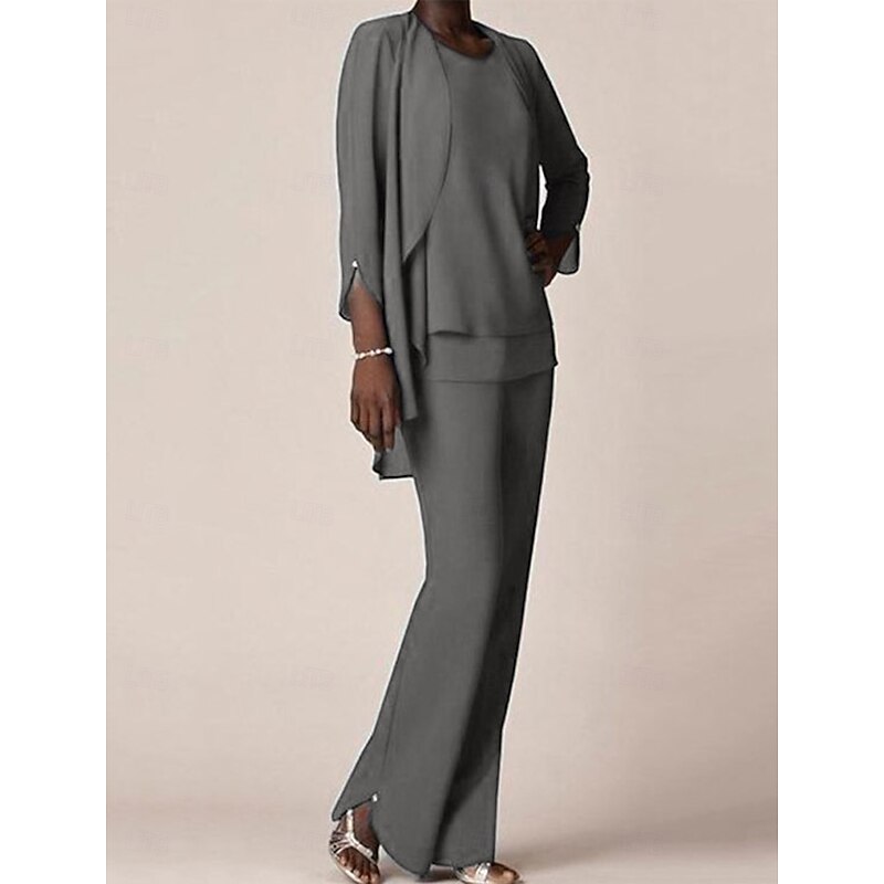 3 piece Pantsuit Mother of the Bride Wedding Guest Elegant V Neck Floor Length Chiffon 3/4 Length Sleeve with Ruffles4