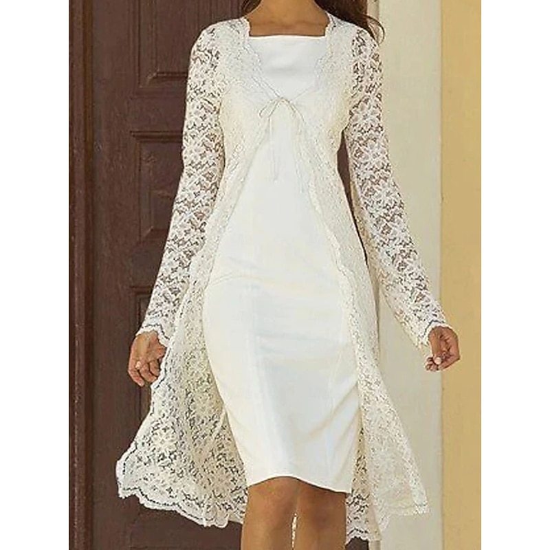 Beach Wedding Two Piece Sheath Mother of the Bride Dress Wedding Guest Church Elegant Square Neck Knee Length Chiffon Lace Sleeveless Jacket Dresses with Solid Color3