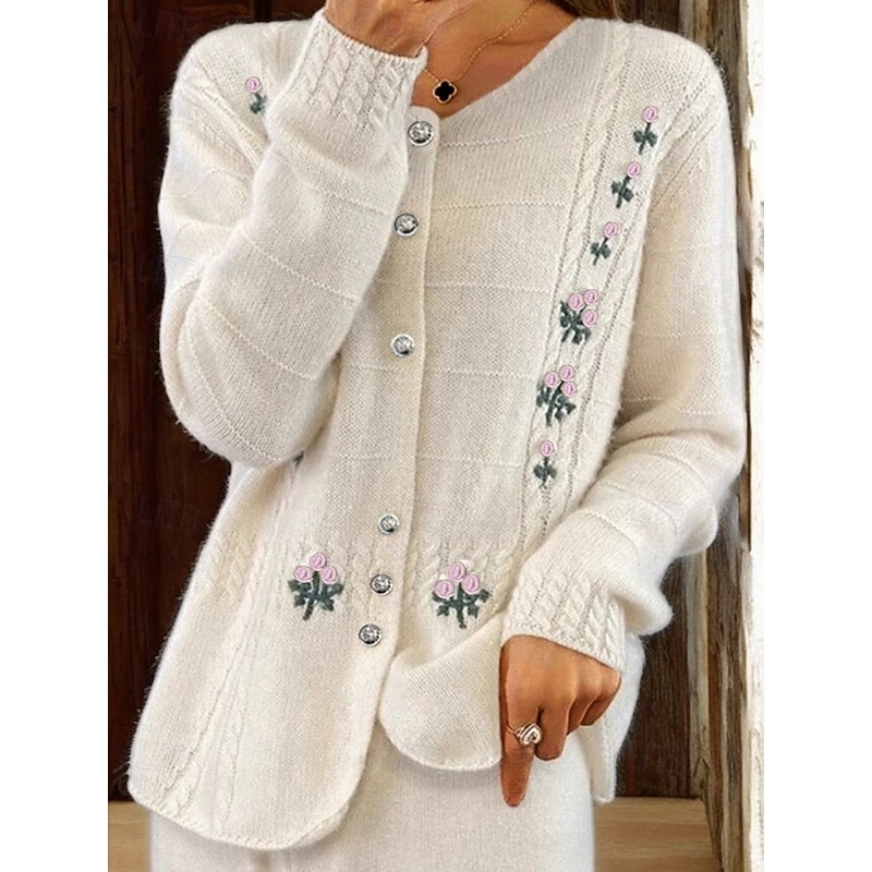 Women's Sweater Cardigan Crew Neck Cable Knit Embroidered Buttons Knitted Drop Shoulder Spring Fall Home Daily Holiday Vintage Daily Soft Long Sleeve Floral Pure Color Camel Beige4