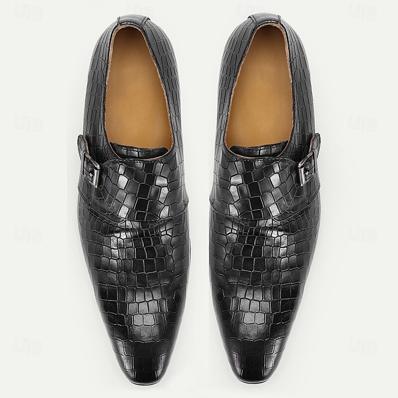 Men's Black Crocodile Pattern Leather Monk Strap Shoes – Premium Cowhide, Formal Style for Business and Special Occasions4