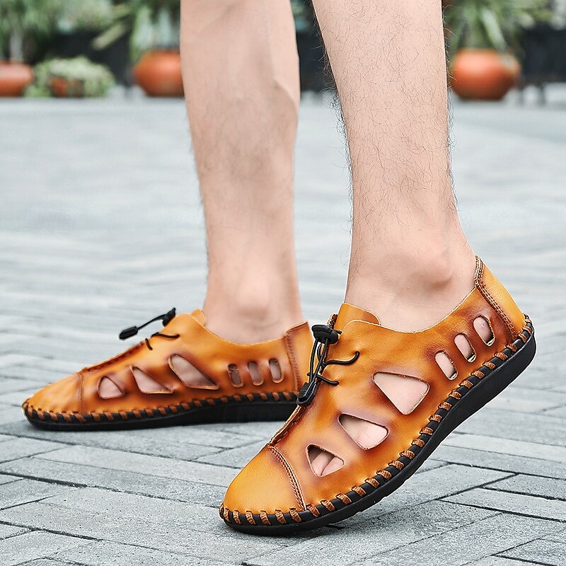 Men's Faux Leather Hollow-Out Casual Sandals - Hand-Stitched Design with Adjustable Drawstring, Lightweight and Breathable for Outdoor Summer Wear4