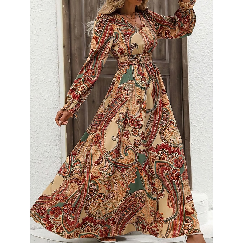 Women's Maxi Dress Boho Chic Dresses Boho Dress Stylish Casual Vacation Daily Regular Fit Floral Long Sleeve V Neck Black Green Khaki Spring Fall