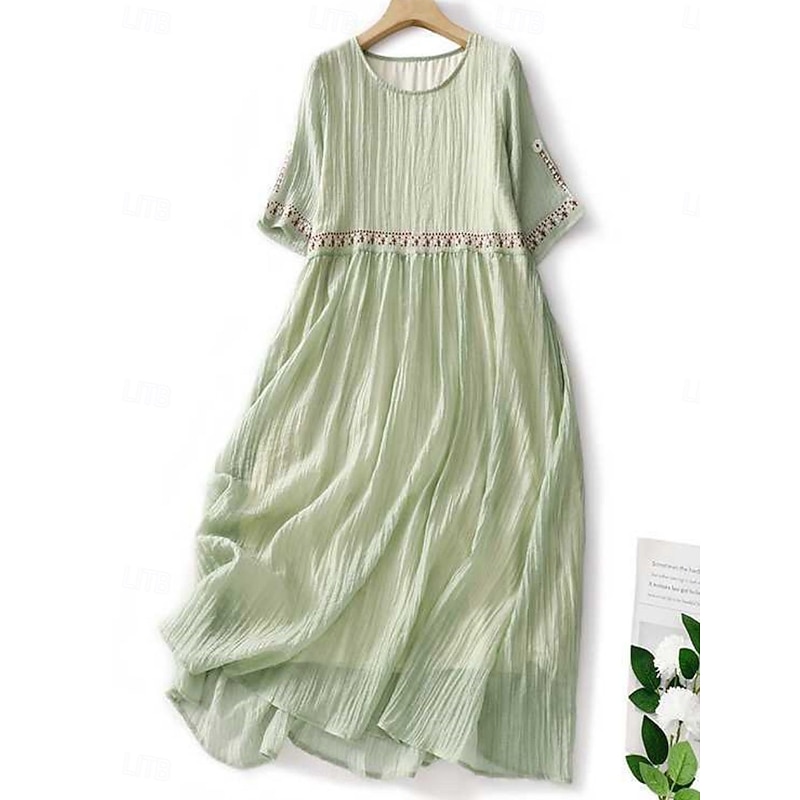 Women's Maxi Dress Cotton Linen Dresses Casual Dress Swing Dress Cotton Maxi Dress Basic Casual Vacation Daily Regular Fit Floral Half Sleeve Crew Neck White Light Green Summer