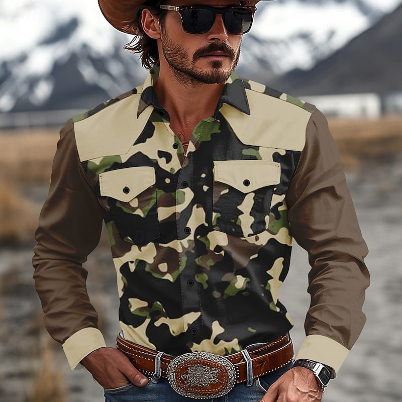 Men's Camouflage Western Shirt Cowboy Shirt Long Sleeve Western Sports Outdoor Spring Fall Turndown Button Up 2 Pockets Green Beige2