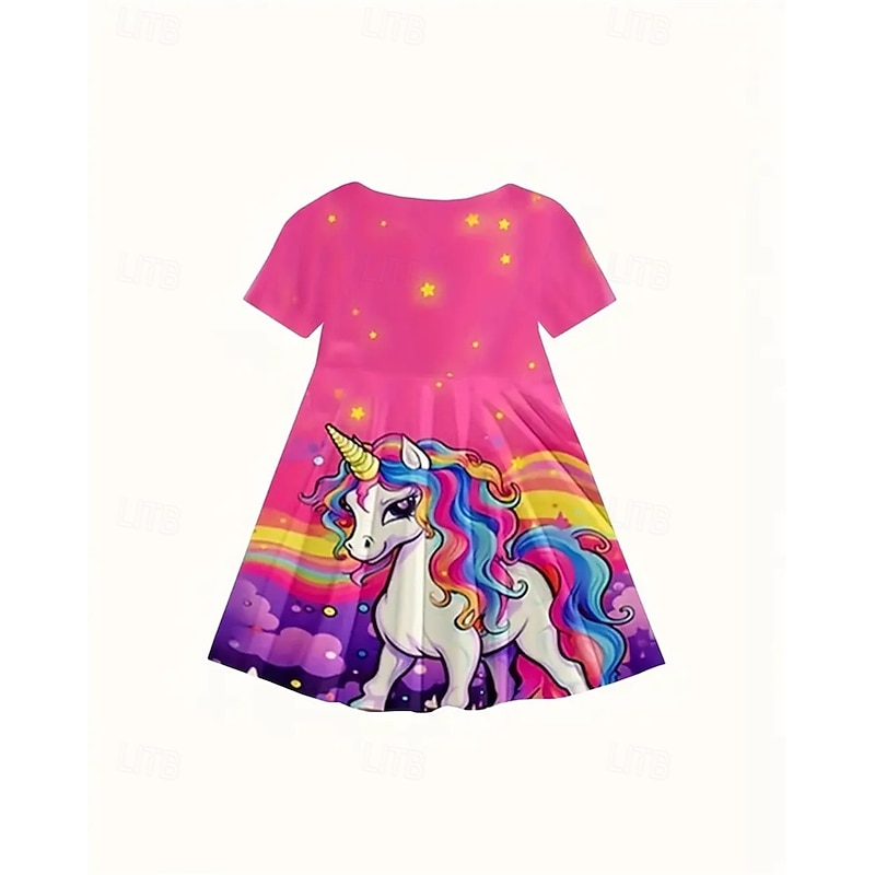 Girls' 3D Graphic Unicorn Dress Short Sleeve Summer Spring Vacation Daily Holiday Princess Beautiful Sweet Kids 4-12 Years Casual Dress A Line Dress Knee-length Regular Fit3