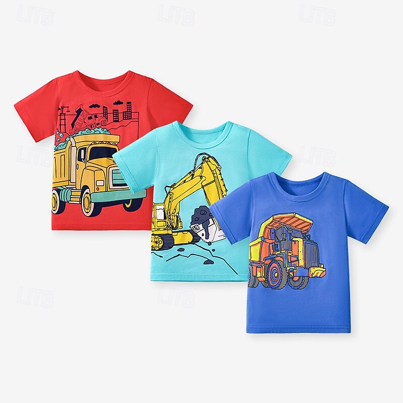 Multi Packs 3pcs Boys Crew Neck Short Sleeves red+blue+Light Blue T Shirt Cartoon Vacation Daily Wear 100% Cotton Spring & Summer