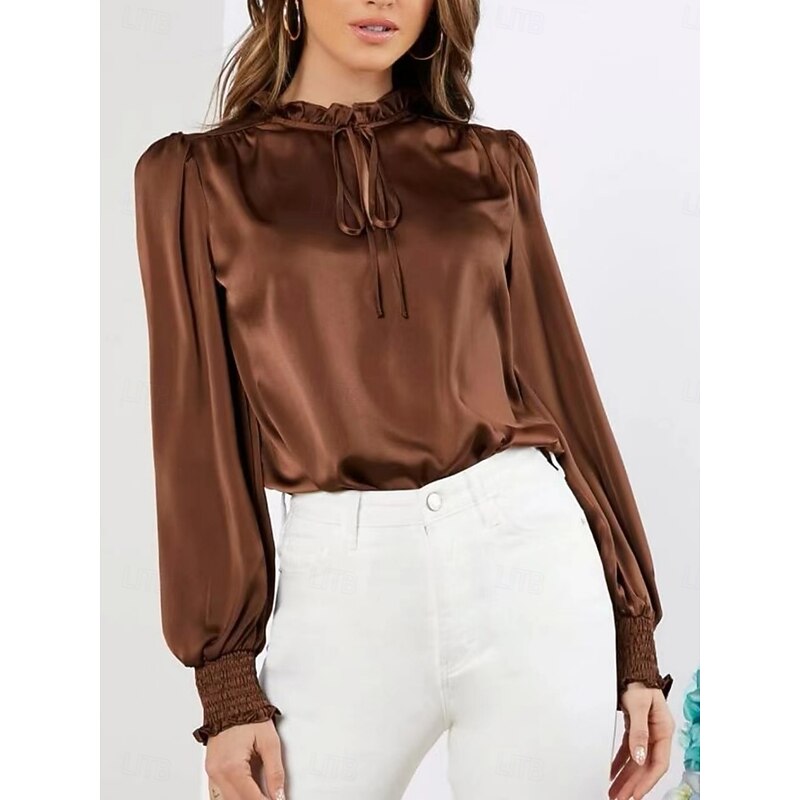 Women's Shirt Elegant Dressy Satin Solid Color Business Modern Casual Long Sleeve Turtleneck Regular Tops Work Formal Wear Lace up Ruffle Brown Rose Pink Summer Spring
