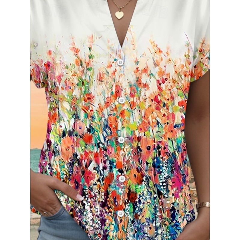 Women's Shirt V Neck Button Down Blouse Floral Graphic Stylish Beach Short Sleeve Shirt Collar Regular Tops Daily Buttons Print Orange Spring Fall3