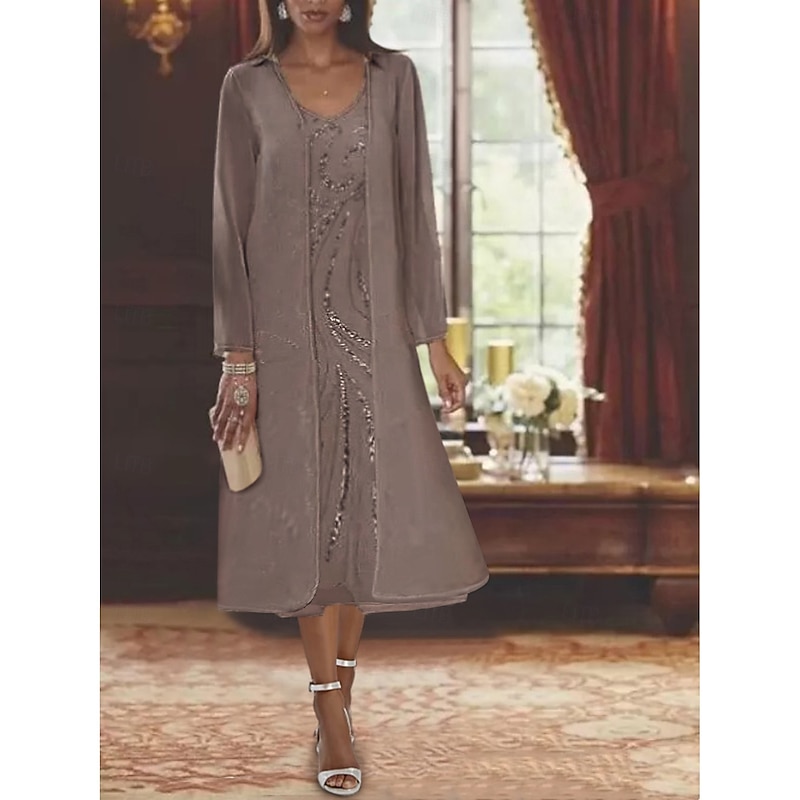 Beach Wedding Two Piece A-Line Mother of the Bride Dress Formal Wedding Guest Elegant V Neck Tea Length Chiffon Lace Sleeveless Jacket Dresses with Beading Sequin 8