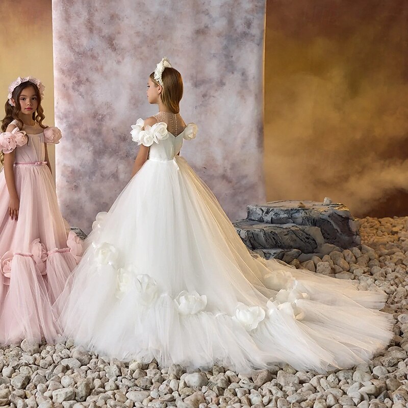 Flower Girl Dress Girls' First Communion Dress Party Dress Wedding Party Princess Sweet Christmas Carnival Ruched Solid Color Strapless Crew Neck White Pink 4 years+2