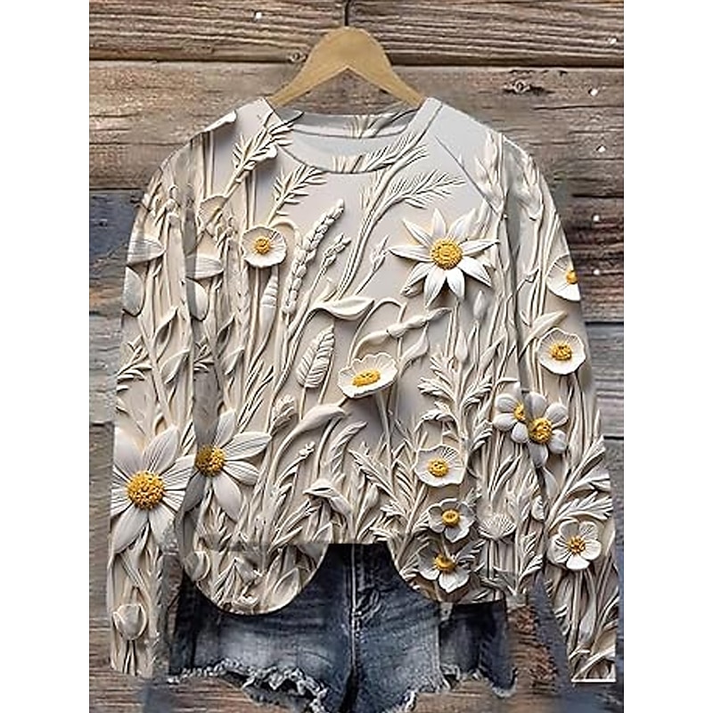 Women's Pullover Sweatshirt Floral Casual Long Sleeve Crew Neck Regular Tops Street Dailywear Print Beige Fall Winter2