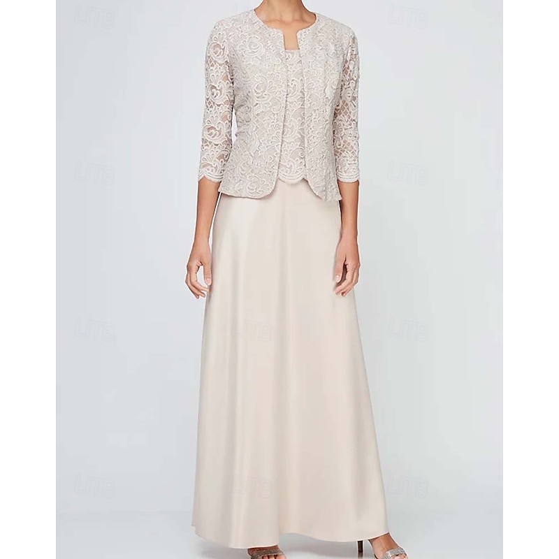 Sheath / Column 3 Piece Mother of the Bride Dress Formal Wedding Guest Elegant Vintage Simple Square Neck Crew Neck Floor Length Satin Lace Sleeveless Long Sleeve Jacket Dresses with Lace