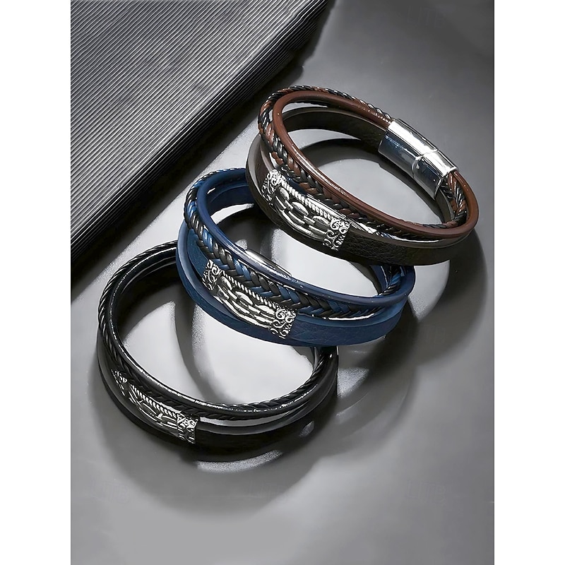 Men's Viking Style Faux Leather Multilayer Bracelet – Braided Design with Stainless Steel Charm, Adjustable Nordic Wristband for Casual and Formal Occasions