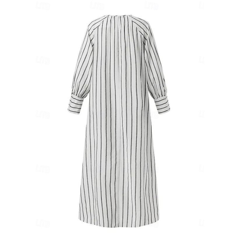 Women's Maxi Dress Cotton Linen Dresses Casual Dress Basic Casual Vacation Daily Regular Fit Stripe Long Sleeve V Neck White Blue Summer Spring4
