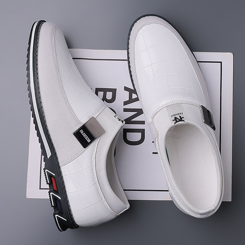 Men's White Crocodile Embossed Faux LeatherSlip-On Loafers with Decorative Buckle - Stylish Casual Shoes for Business and Formal Occasions3