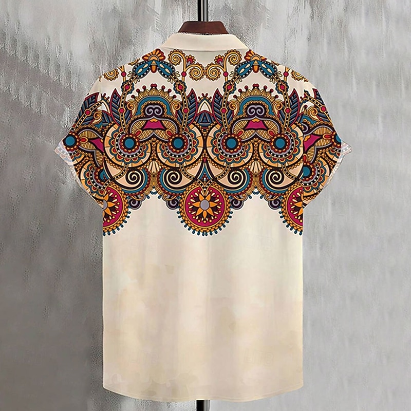 Men's Geometric Pattern Ethnic Shirt Button Up Shirt Short Sleeve Fashion Casual Vacation Holiday Beach Wear Summer Spring Turndown Collared Shirts Khaki2