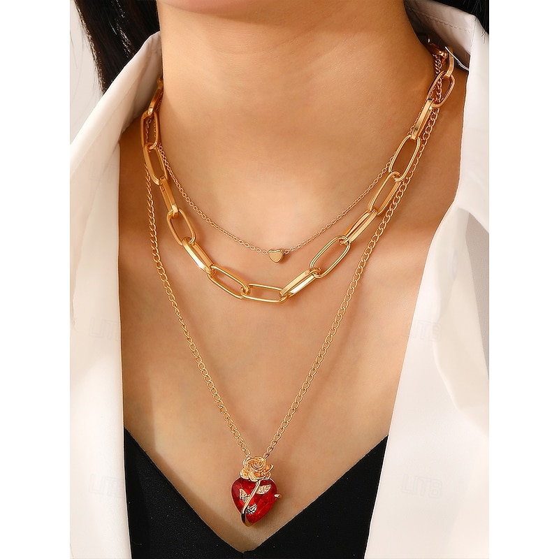 Women's Red Heart Pendant Necklace with Black Rose Design – Gothic Romantic Jewelry for Valentine's Day, Parties and Special Occasions