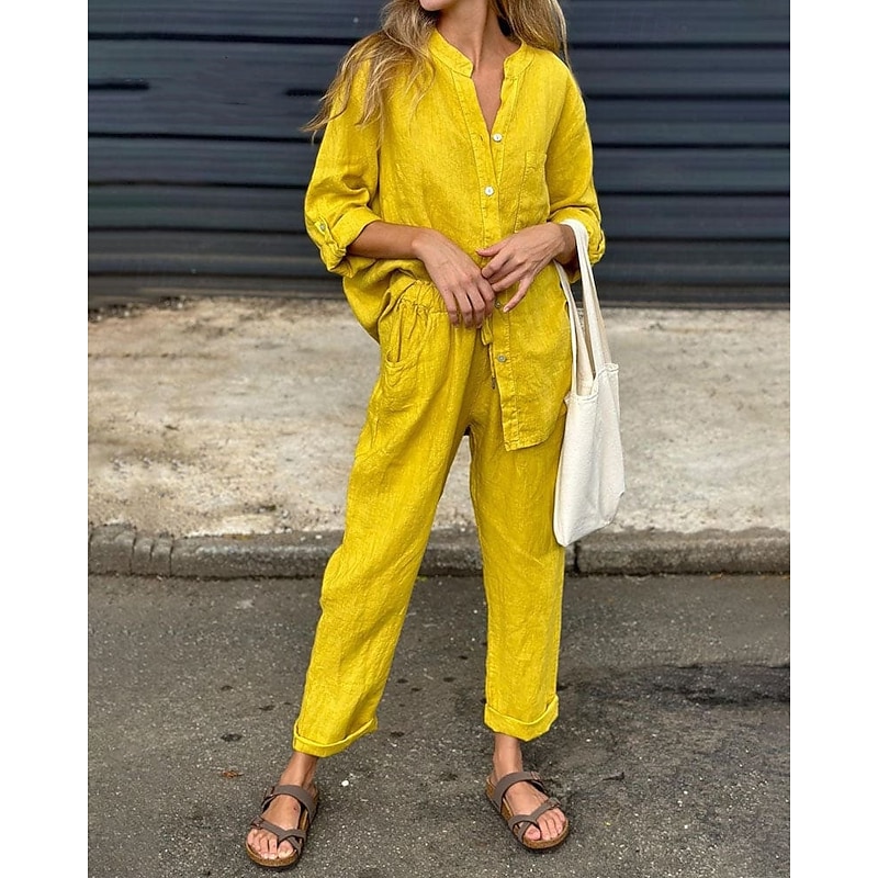 Women's Fashion Streetwear Shirt Linen-Inspired Sets Two Piece Sets Linen Pants Pants Trousers Set Long Sleeve Shirt Collar Solid Color Drawstring Daily Wear Date Black White Yellow Spring Regular Fit