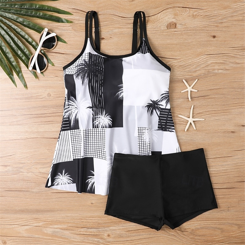 Women's Tankini Two Piece Swimsuit Swimwear Swimwear Black White Breathable Quick Dry Lightweight Sleeveless - Swimming Surfing Beach Summer Spring Plus Size2
