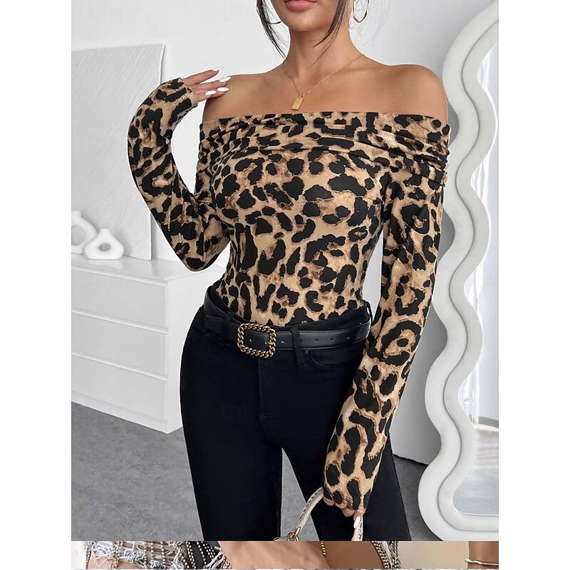 Women's Dressy Tops Stylish Long Sleeve Off Shoulder Regular Tops khaki Summer Spring4