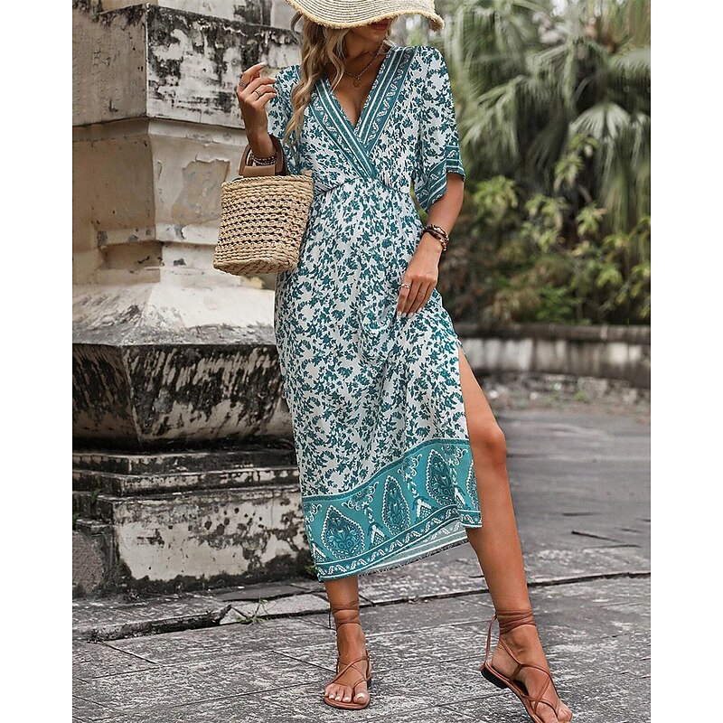 Women's Midi Dress Casual Dress A Line Dress Summer Dress Boho Dress Hawaiian Stylish Vacation Daily Date Regular Fit Floral Short Sleeve V Neck Dark Green Summer3