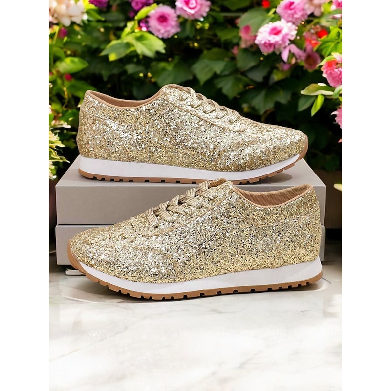 Women's Gold Glitter Lace-Up Sneakers with Comfortable Sole, Lightweight Design and Trendy Style for Parties, Casual Outfits and Festive Occasions
