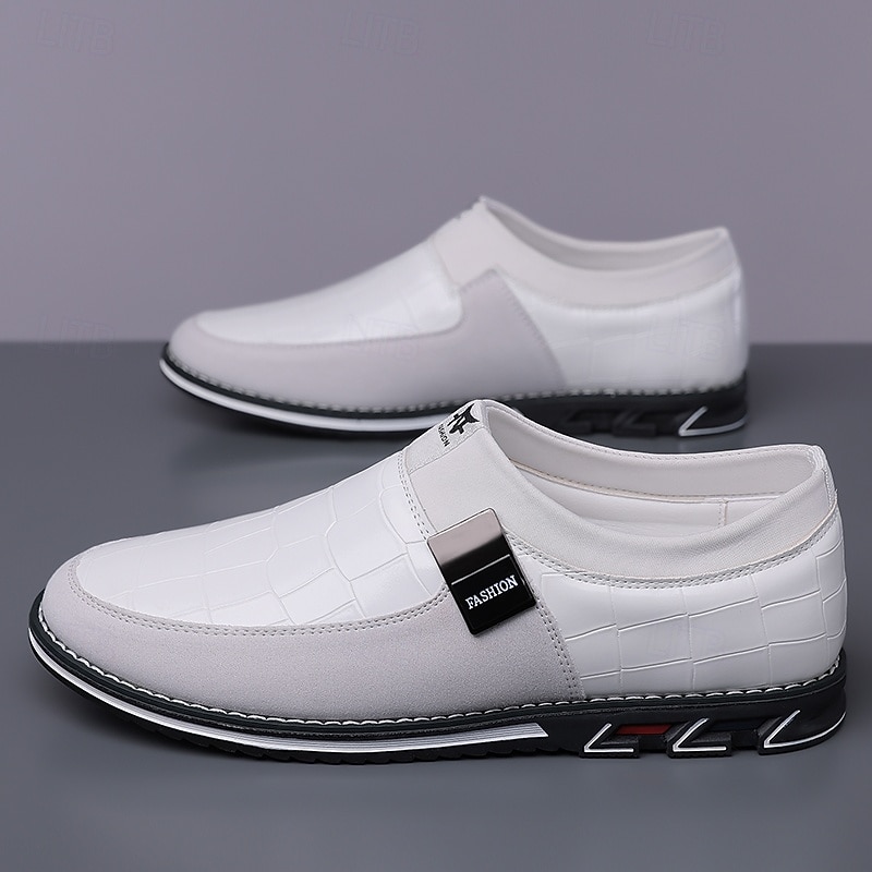 Men's White Crocodile Embossed Faux LeatherSlip-On Loafers with Decorative Buckle - Stylish Casual Shoes for Business and Formal Occasions4