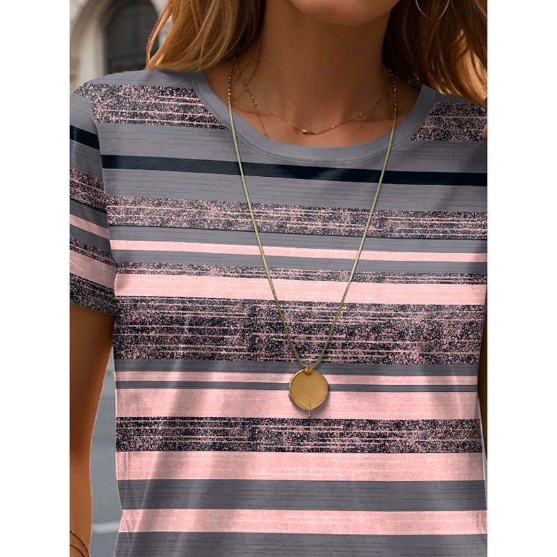 Women's T Shirt Striped Casual Short Sleeve Round Neck Regular Tops Daily Print Pink Summer2