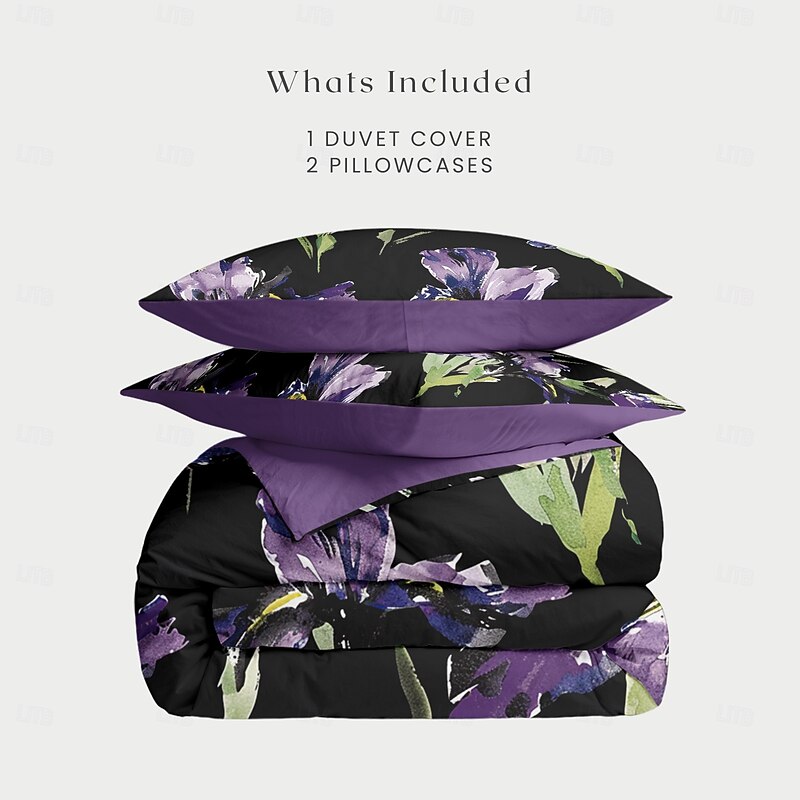 Purple Black Floral Series Duvet Cover Set King Queen Size 3-Piece Set Microfiber Bedding Set Perfect for Mother's Day Gift Super Soft Skin Friendly Long Lasting4