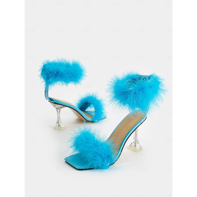 Turquoise Feather-Embellished High Heel Sandals with Clear Stiletto Heel for Women – Perfect for Parties and Special Events3