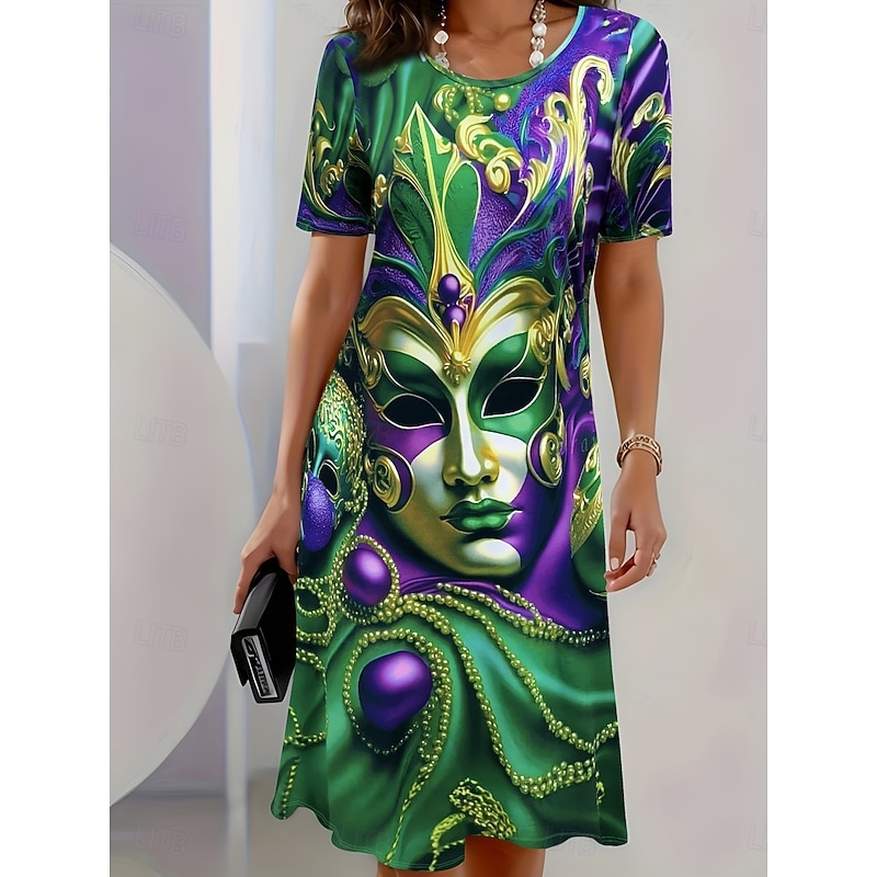 Mardi Gras Women's Elegant Party Evening Midi Dress Crew Neck Short Sleeve Casual Dress Shift Dress Summer Dress Stylish Casual Daily Regular Fit Graphic Green Summer
