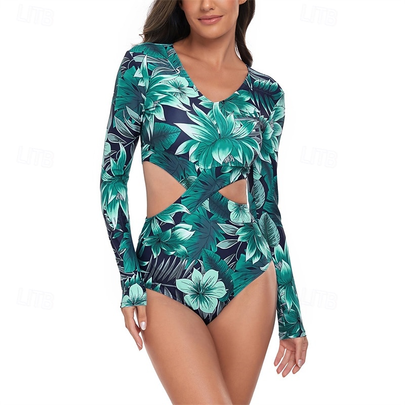 Women's Rash Guard One Piece Swimsuit UV Sun Protection Lightweight Long Sleeve Bodysuit Bathing Suit Cut Out Swimming Surfing Beach Water Sports Floral Printed Summer Spring Autumn4