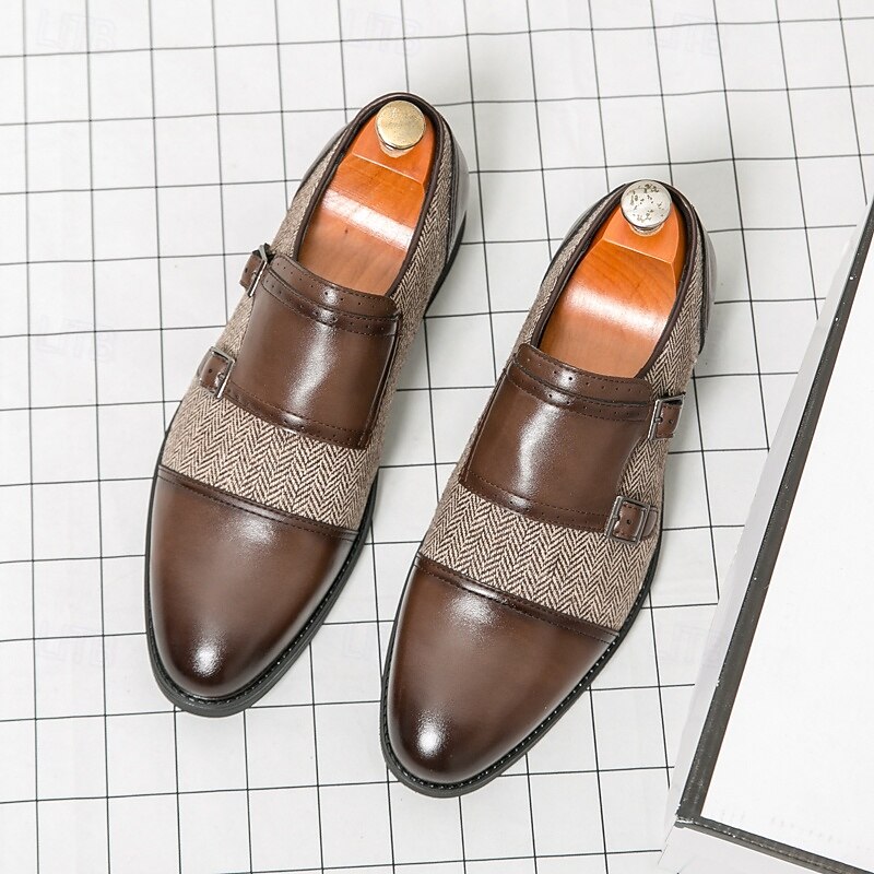 Men's Double Monk Strap Shoes - Faux Leather and Herringbone Fabric, Classic Formal Dress Shoes for Business and Weddings2