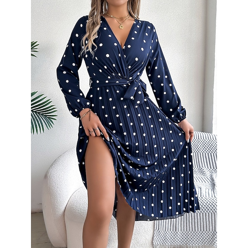 Women's Maxi Dress Casual Dress A Line Dress Stylish Casual Vacation Daily Regular Fit Polka Dot Long Sleeve V Neck Wine Navy Blue Spring Fall4