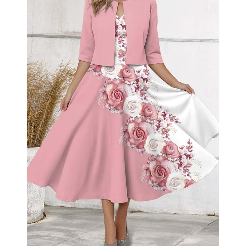 Women's Midi Dress Casual Dress Chiffon Dress Swing Dress Elegant Floral Midi Dress Half Sleeve V Neck Print Regular Fit Date Pink Spring3