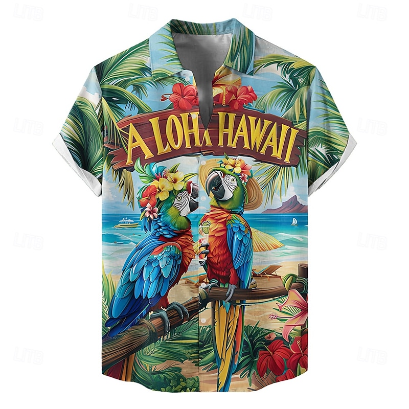 Men's Bird Parrot Floral&Plants Summer Hawaiian Shirt Aloha Shirt Short Sleeve Hawaiian Resort Vacation Holiday Beach Wear Summer Spring Turndown Button Up Blue
