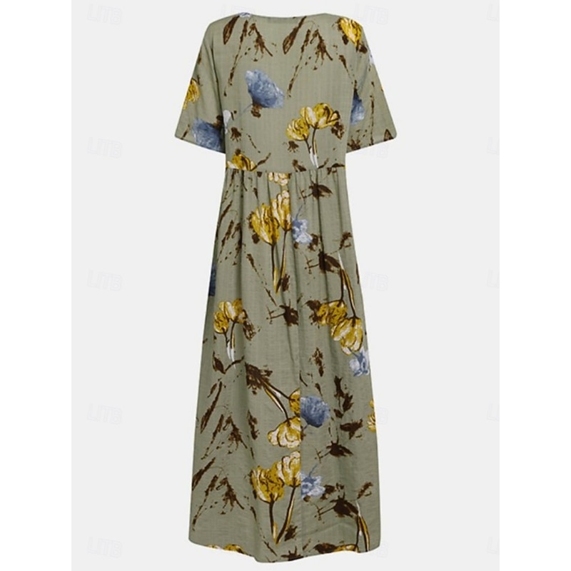 Women's Maxi Dress Cotton Linen Dresses Casual Dress Swing Dress Cotton Maxi Dress Stylish Casual Vacation Daily Regular Fit Floral Short Sleeve Crew Neck Light Yellow Green Summer4