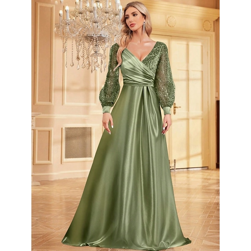 A-Line Evening Gown Elegant Dress Wedding Guest Evening Party Floor Length Long Bubble Sleeve V Neck Satin With Glitter