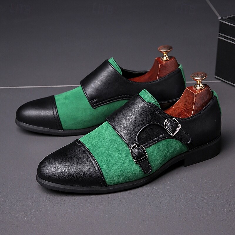 Men's Green and Black Suede Double Monk Strap Shoes – Stylish Faux Leather Formal Dress Shoes for Weddings and Business Occasions3