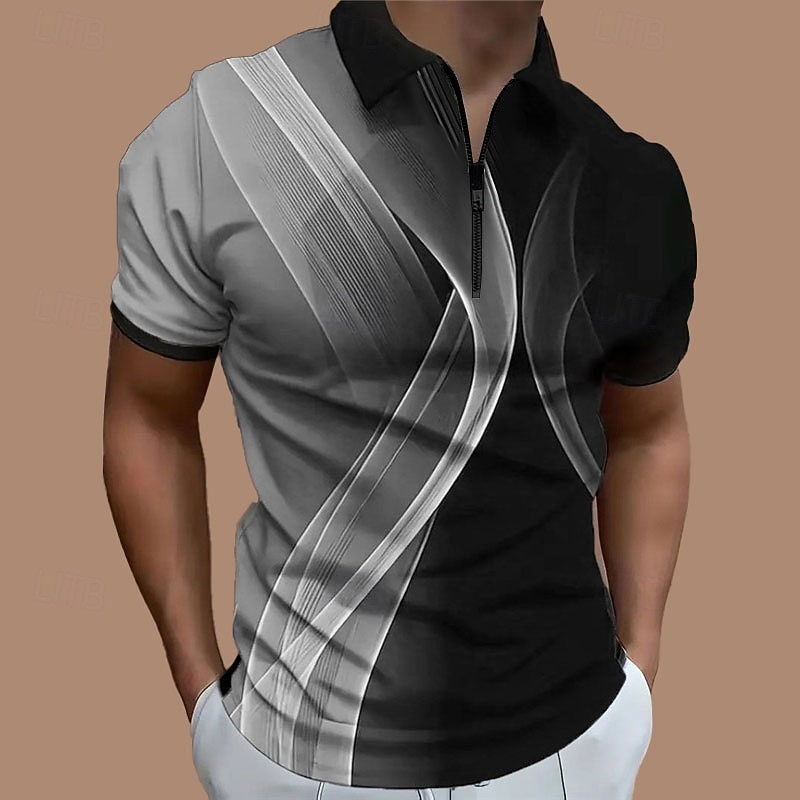 Men's Geometric Zip Polo Shirts Golf Shirt Short Sleeve Polo Shirts Collared Shirts Business Casual Vacation Wear Formal Wear Festival Wear 3D Print Quarter Zip Polo Spring & Summer Pink Blue Purple3