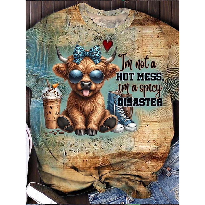 Women's T Shirt Cow Letter Casual Short Sleeve Round Neck Regular Tops Daily Print Green Summer