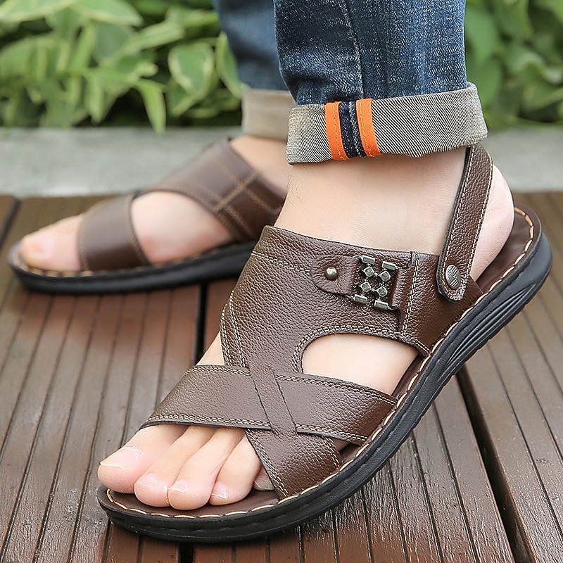 Men's Brown Faux Leather Sandals - Cross-Strap Open-Toe Design with Adjustable Back Strap for Comfortable Casual Summer Wear3