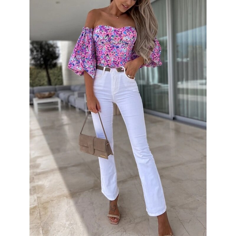 Women's Shirt Blouse Floral Stylish Casual Long Sleeve Strapless Regular Tops Daily Backless Print Black White Red Purple Summer Spring3