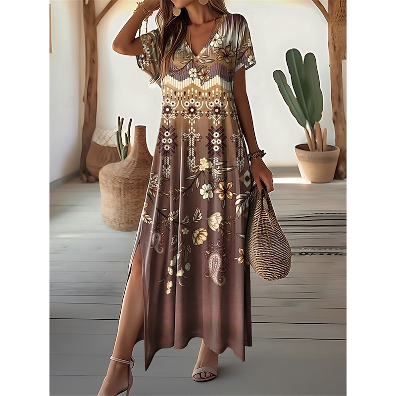 Women's Maxi Dress Vintage Dress Casual Dress Sundress Vintage Ethnic Tribal Drop Shoulder Vacation Street Holiday Regular Fit Tribal Short Sleeve V Neck White Blue Purple Khaki