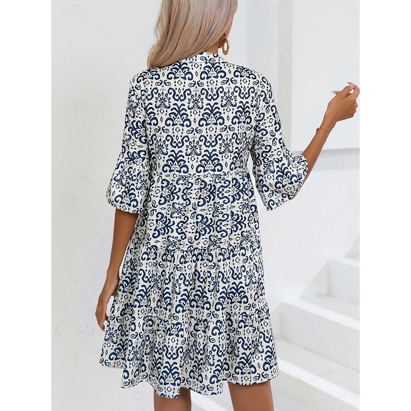 Women's Mini Dress Casual Dress Boho Chic Dresses A Line Dress Boho Dress Bohemia Vintage Vacation Daily Regular Fit Floral 3/4 Length Sleeve Notched Neck Pink Blue Summer2