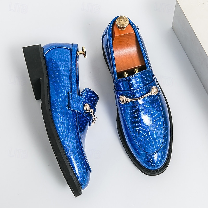 Men's Blue Metallic Faux Leather Loafers with Decorative Gold Chain – Trendy Slip-On Shoes for Formal and Party Occasions3